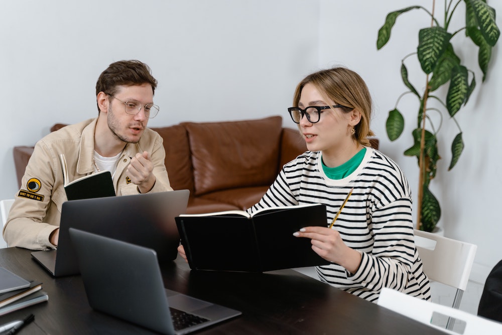IT Services girl explaining to guy with folder